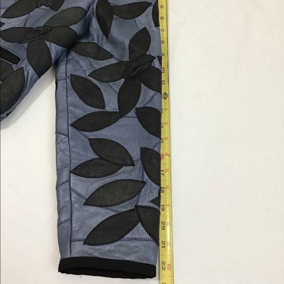 Leather Custom Made Crop Jacket Blue With Flower Petal Crew Neck Cropped Jacket - Picture 8 of 15